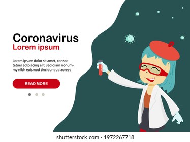web banner template with woman scientist rejoicing that a vaccine with antiviral vaccine has been developed, vector illustration in flat style