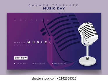 Web banner template for world music day with Microphone and purple background