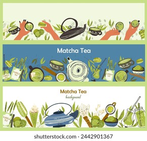 Web banner templates set, collection with matcha food and drinks border. Backdrop with green organic Japanese powder, natural leaves, tea, coffee, ice-cream, and whisk. Flat vector hand drawn.
