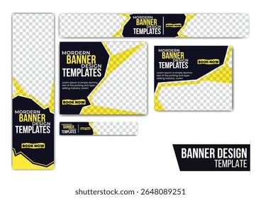 web banner templates in vertical and horizontal sizes featuring yellow polygon shapes, bold typography, photo placeholders, and call-to-action buttons. ideal vector set for business and healthcare ads