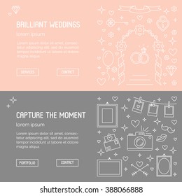 Web banner templates - wedding agency and phographer.
Agency banner with arch, rings and love symbols. Photographer signs - camera, frames, photo shooting. Web design, business, commercial purposes.