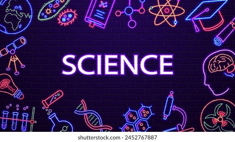 A web banner with test tubes, a telescope, microbes, a globe, a brain, dna, electricity on a brick wall background. A concept for science and review.