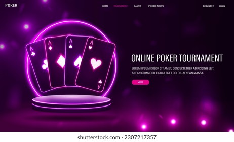 A web banner with text and casino cards with a neon round arch on the podium.