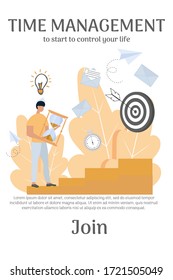 Banner web con administración de tiempo de texto. Hombre parado al principio de las escaleras con lentes de arena. Productividad personal, concepto de negocio ilustración vectorial en estilo plano.