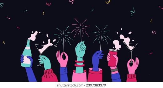 A Web Banner That Shows the Hands of a Diversity Group Cheering and Celebrating New Year by Playing Sparklers and Drinking Champagne on Confetti Background. 