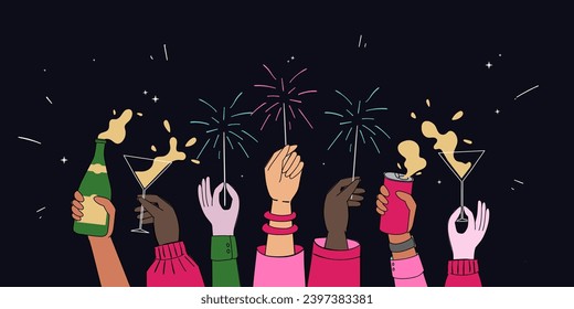 A Web Banner That Shows the Hands of a diverse group Cheering and Celebrating New Year by Playing Sparklers and Drinking Champagne on Confetti Background. Neutral Color