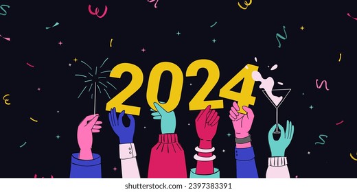 A Web Banner That Shows the Hands of a Diversity Group Cheering and Celebrating New Year by Playing Sparklers and Drinking Champagne with Confetti. Holding Number 2024.