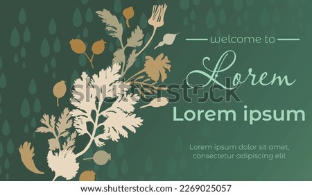 Web Banner with a tilted band of leaves and flowers. Green gradient background with raindrops. Plant parts of the Marigold, Calendula, Dog Rose, and Camomile. Banner for any ad campaigns. Stock fotó © 