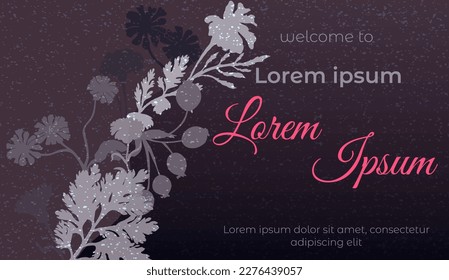 Web Banner with a tilted floral band. Dark lilac gradient background with a snow-like texture. Plant parts of the Marigold, Calendula, Dog Rose, and Camomile. Banner for any ad campaigns.