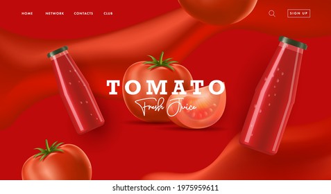 Web banner for tomato sauce or juice with 3d illustration of tomato and slice with glass bottle on red wevy background