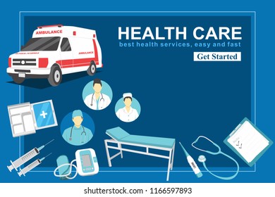 Web Banner With Top View Of Doctors Desktop With Medical Tools, Tensiometer, Stethoscope, Thermometer, Hospital Bed, Nurse, Health Box, Ambulance, Clipboard, Injection. Healthcare Background Vector 