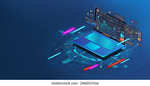 Web banner Trading Platform in isometric with data analysis, forex, stock market and binary option concept. Isometric computer with trading app dashboard with Candles and indicators, charts. Vector