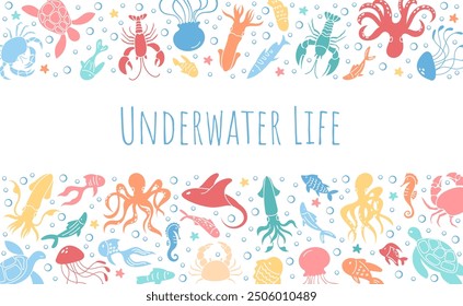 Web banner with tropical marine animals like octopus, jellyfish, and sea turtle with colorful aquatic animals. Detailed underwater life vector design in ocean water reef setting.