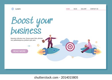 Web banner with two businessmen competitors flying on fast rockets to target. People working on success of start new business or startup project. Flat cartoon vector illustration