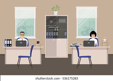Web banner of two office workers. The young woman and man is an employees at work. There is furniture in white color on a windows background in the picture. Vector flat illustration