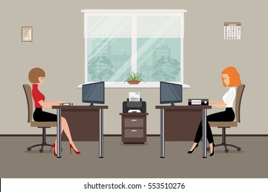 Web banner of two office workers. The young women are an employees at work. There is furniture in brown color on a windows background in the picture. Vector flat illustration.