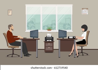 Web banner of two office workers. The young woman and man are an employees at work. There is furniture in brown color on a windows background in the picture. Vector flat illustration