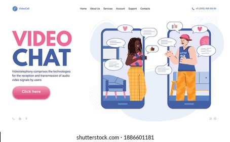 Web banner with two young people socialising in video chat session, cartoon vector illustration. Landing page interface with people communicating on internet.