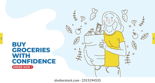 Web banner user interface of website with flat girl cute character carrying grocery bag, online shop poster cover