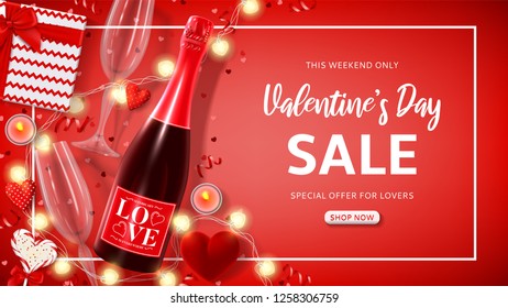 Web banner for Valentine's Day sale. Vector illustration with top view on realistic bottle of champagne, glasses of champagne, gift box, garland and red confetti. Promo seasonal offer.