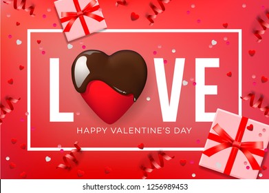 Web banner for Valentine's Day. Top view on composition with chocolate heart, gift box, confetti and streamers, vector illustration.