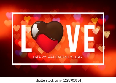 Web banner for Valentine's Day. Top view on composition with chocolate heart, blurred background, vector illustration.