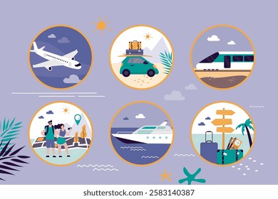 Web banner with various travel icons. Traveling by plane, train, car to different countries. Booking trip to tropical resort. Summertime, holidays or vacation. flat design vector illustration