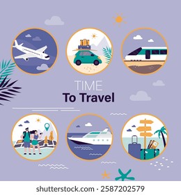 Web banner with various travel icons. Traveling by plane, train, car to different countries. Booking trip to tropical resort. Summertime, holidays or vacation. flat design vector illustration