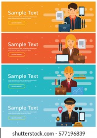 Web Banner Vector Characters Collection.Set of 4 different professions in flat style.
Business Man, Business Women, Architect, Taxi Driver
