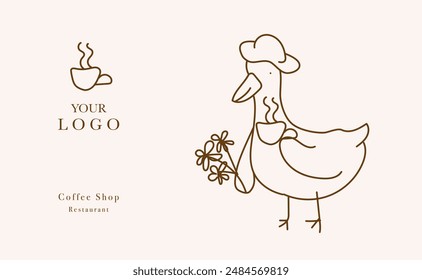 Web banner vector, coffee shop menu design. Restaurant menu design. Hand-drawn goose with cup of coffee vector illustration.