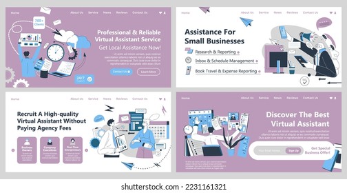 Web banner for virtual business assistant service. Landing page set with tiny man woman character, vector illustration. Professional research, reporting work to support company at website collection