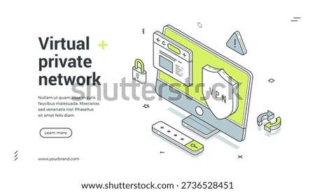 Web banner for virtual private network service. Isometric vector illustration of a computer with VPN shield. Modern template for a landing page about internet security and data protection