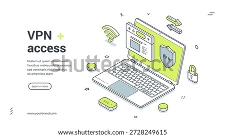 Web banner for VPN access. Isometric vector illustration of a secure internet connection with laptop and privacy shield. Modern template for a technology or security service landing page