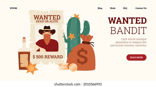 Banner web para el buscado de un vaquero norteamericano salvaje bandido occidental en sombrero y máscara vivo o muerto. Anuncio occidental sobre recompensa para el criminal jefe. Ilustración vectorial de dibujos animados planos.