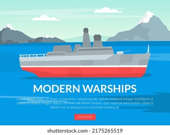 Web Banner with Warship or Combatant Ship as Marine Vessel for Naval Warfare Vector Template