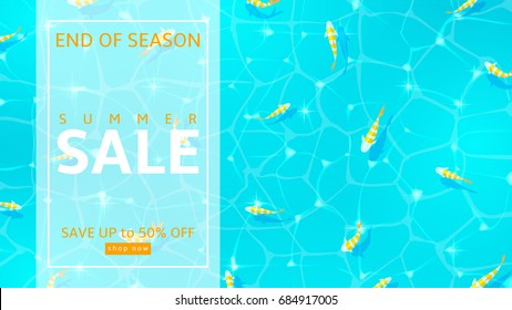 Web banner with water texture for end of season sale. Top view on fish in sea. Vector illustration with special offer of summer.