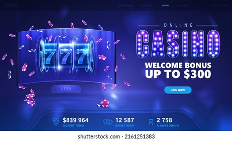 Web banner for website with button, augmented virtual reality interface with neon slot machine and poker chips