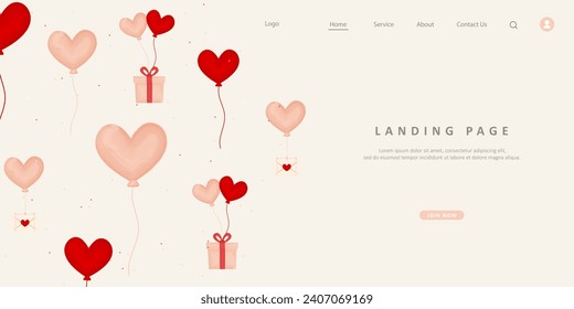 Web-Banner für Website-Startseite mit Herzballons und fliegenden Geschenken mit Liebesballon. Valentinthema