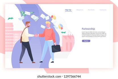 Web banner or website template with pair of business partners or businessmen shaking hands and place for text. Partnership, deal, agreement. Colored vector illustration in flat style for landing page.
