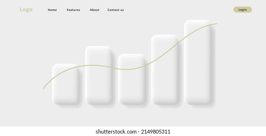 Web banner with white 3c bar chart illustration, simple volume shapes. Vector illustration