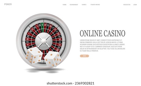 A web banner with a white 3d roulette for a casino with poker dice on a light background with text.