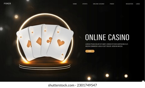 Ein Webbanner mit weißen und goldenen Pokerkarten. Heller Neonbogen auf dem Podium. Ein Poster für ein Casino.