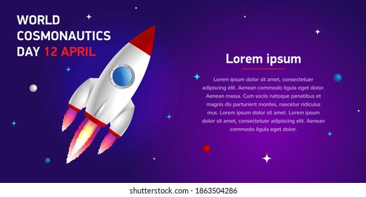 Web banner with white rocket flying upwards. concept of business product on the market, space exploration, astronaut day holiday on April 12 