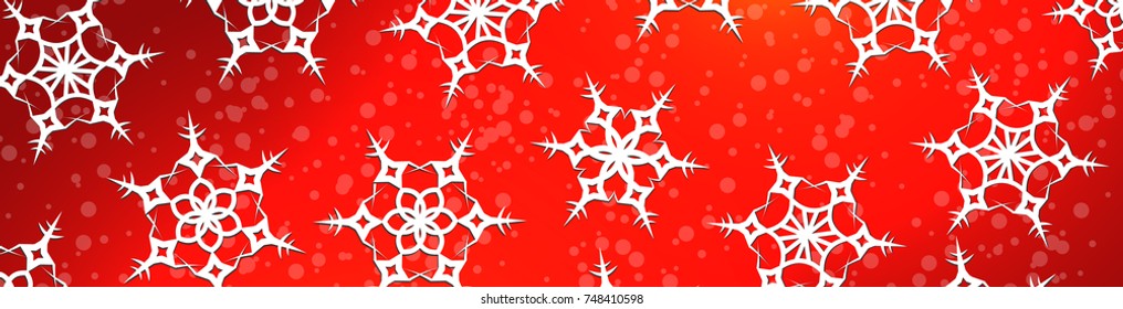Web banner white snowflakes on a red background with snow. Template, catalog, vector illustration