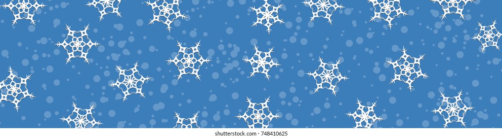 Web banner white snowflakes on a blue background with snow. Template, catalog, vector illustration