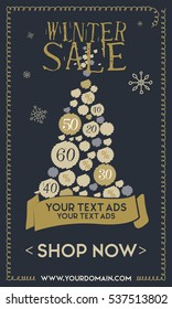 Web Banner winter sale with ribbon, tree and snowflakes