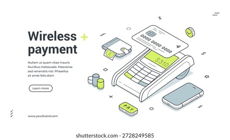 Banner da Web para pagamento sem fio. Ilustração isométrica vetorial de uma transação de terminal POS com cartão de crédito. Modelo moderno para uma página inicial de finanças ou comércio eletrônico