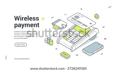 Web banner for wireless payment. Isometric vector illustration of a POS terminal transaction with credit card. Modern template for a finance or e-commerce landing page