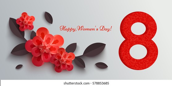 Web banner for women's day with paper flowers. Vector illustration, it can be used in the newsletter, brochures, postcards, tickets, advertisements, banners. 