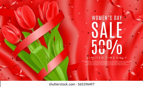 Web banner for Women's Day sale. Top view on composition with red flowers and satin ribbon. Vector illustration with confetti on silk fabric.